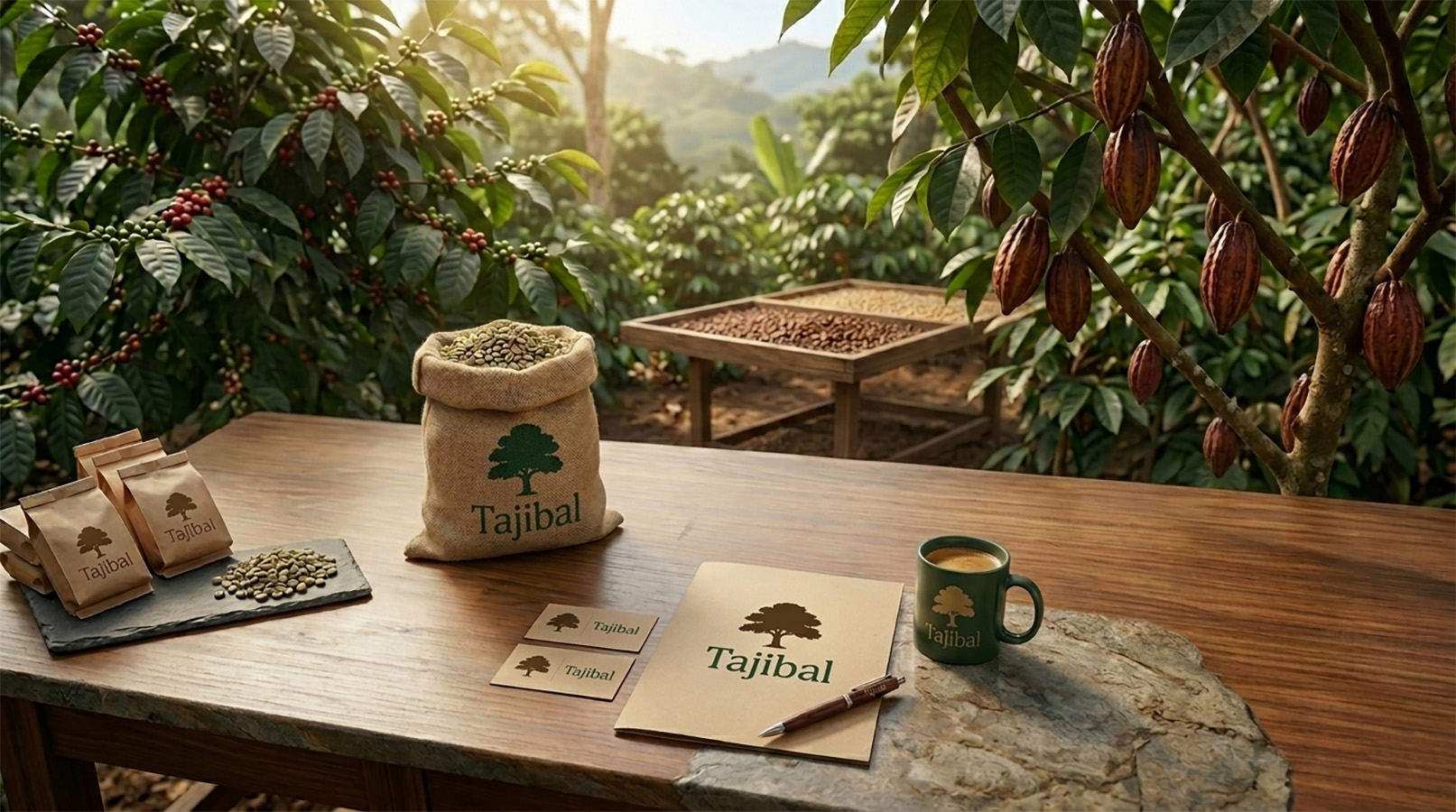 Productos Tajibal en una finca rodeada de cafetales y cacaotales